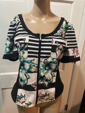 Bebe Floral Stripe Zip-Front Women’s Top - Black/White with Teal Floral